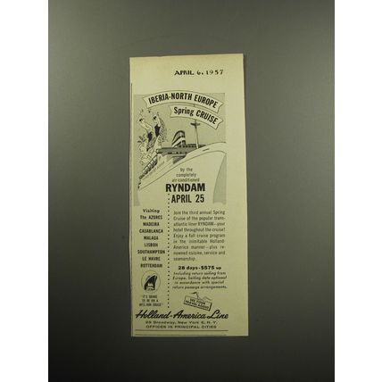 1957 Holland-America Line Cruise Ad - Iberia-North Europe Spring Cruise