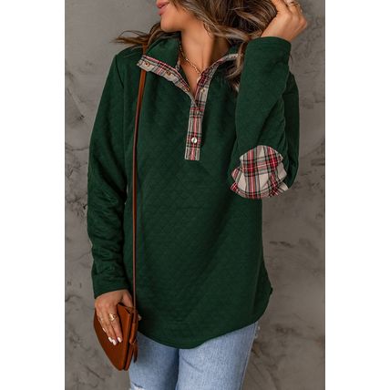 Green Geometric Texture Plaid Trim Sweatshirt