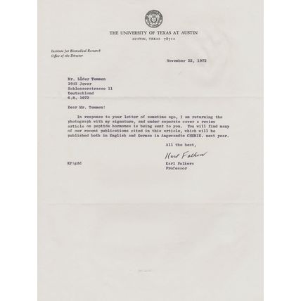 Karl Folkers American Medical Biochemist Hand Signed Letter