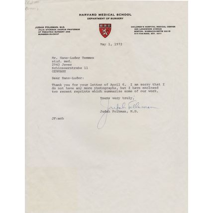 Judah Folkman American Biologist Pediatric Surgeon Hand Signed Letter