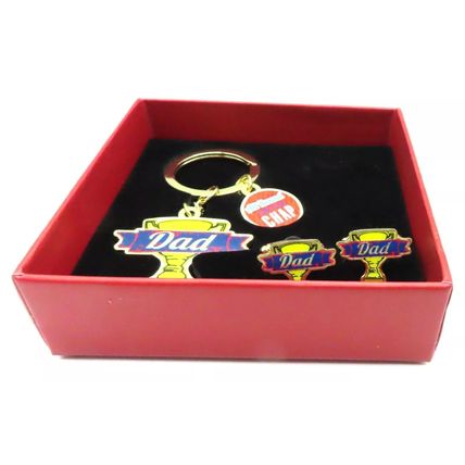 Worlds Greatest Dad Keyring & Cufflinks Trophy Shaped Set Fathers Day Gift