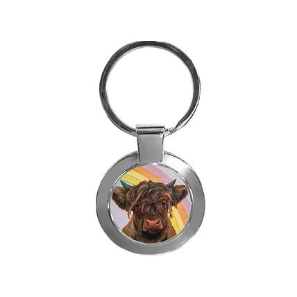Highland Cow Keyring Rainbow Coo Scottish Artist Jan Laird Metal Key Ring