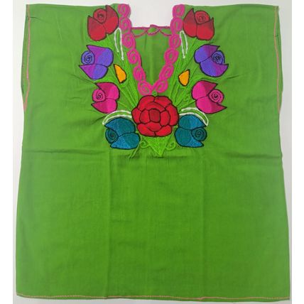 Multicolor Roses Bouquet Embroidered Cotton Canvas Green Blouse Chiapas Mexico