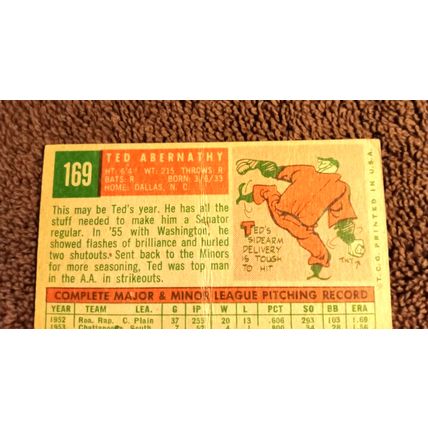Topps 1959 Ted Abernathy # 169 Washington Senitors Pitcher 3.5 VG+ Condition
