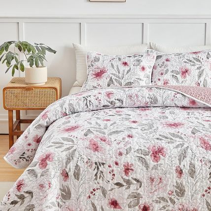 Flysheep Botanical Quilt Set King Size 3 Pieces, Blush Pink and Grey Flowers Pri