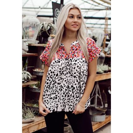 Leopard Mix Print Tassel Tie Blouse