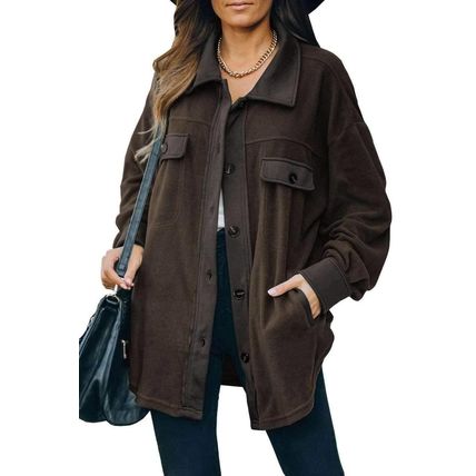 Brown Turn Down Collar Buttoned Shirt Jacket