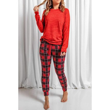 Solid Long Sleeve Top and Plaid Pants Loungewear