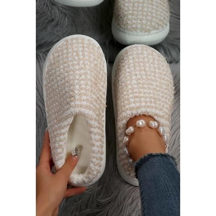 Pale Khaki Two-tone Knitted Warm Homewear Slippers