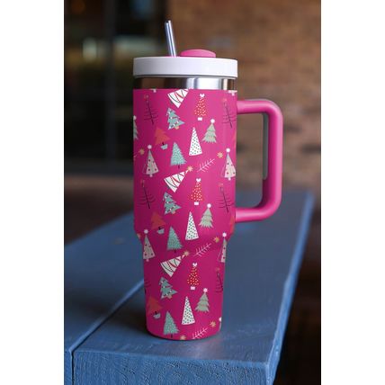 Rose Red Cartoon Christmas Tree Printed Thermos Cup