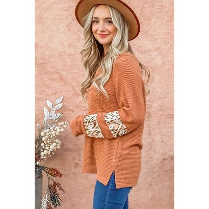 Apricot Leopard Splicing Exposed Seam Waffle Knit Top