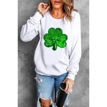 White Sequin Clover Embroidered Drop Shoulder Sweatshirt