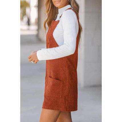 Cinnamon Solid Front Pockets Sleeveless Corduroy Overall Dress