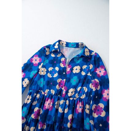 Blue Floral Peasant Sleeve Tiered Ruffle Midi Dress