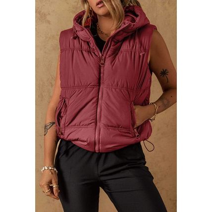 Clay Zip-up Side Pockets Hooded Puffer Vest