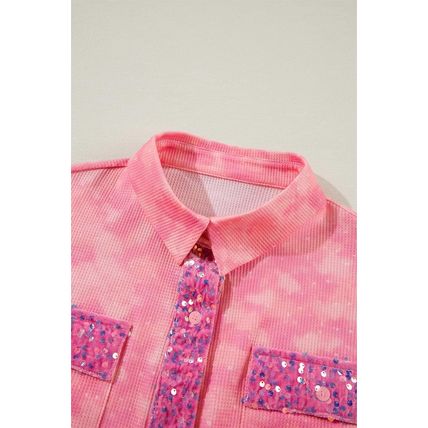 Apricot Pink Mineral Wash Sequin Patchwork Flap Pocket Shacket