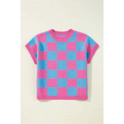 Sachet Pink Colorblock Plaid Pattern Ribbed Trim Sweater Tank Top