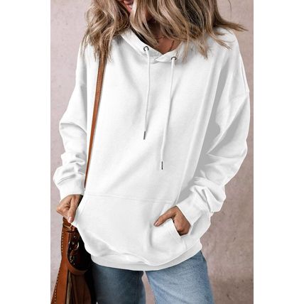 White Fleece Lined Kangaroo Pocket Drawstring Chunky Hoodie