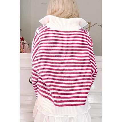 Pink Stripe Zip up Collar Drop Shoulder Sweater