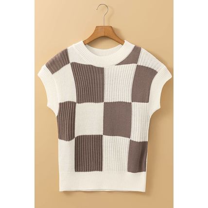 Khaki Checkered Color Block Crew Neck Short Sleeve Sweater
