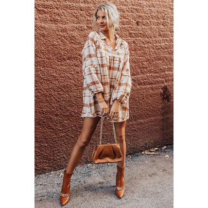 Brown Plaid Print Side Pockets Frilled Babydoll Mini Dress