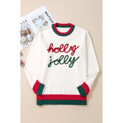 White Tinsel holly jolly Pattern Colorblock Edge Drop Shoulder Plus Size Sweater