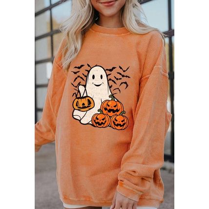 Orange Halloween Ghost Pumpkin Bat Print Corded Pullover Sweatshirt