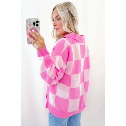 Pink Checkerboard Half Button Collared Drop Shoulder Sweater
