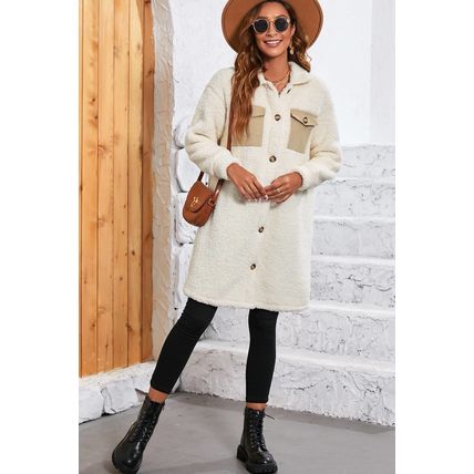 Beige Contrast Flap Pocket Single Breasted Teddy Coat