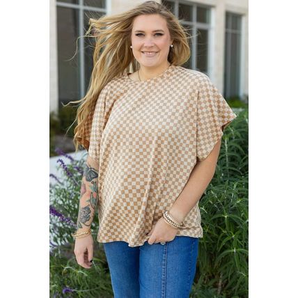 Khaki Checkerboard Short Batwing Sleeve Round Neck Plus Size T Shirt