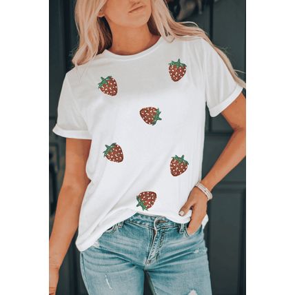White Sequin Strawberry Patched Crew Neck T Shirt
