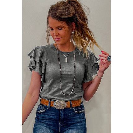 Dark Grey Layered Ruffle Short Sleeve Round Neck Top
