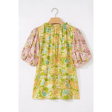 Multicolour Printed Contrast Bubble Sleeve Patchwork Blouse