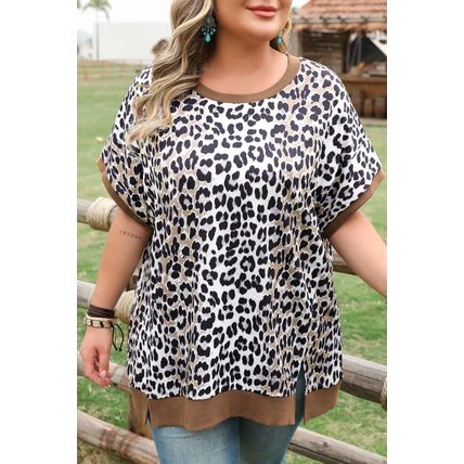 Khaki Leopard Contrast Trim Short Sleeve Loose Plus Size Top