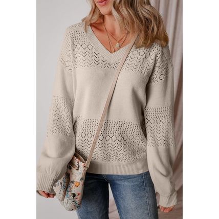 Brown Eyelet Pattern Detail V Neck Drop Shoulder Sweater