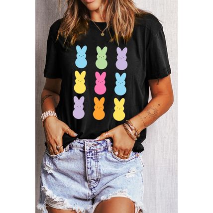 Black Easter Rabbit Print Crew Neck T Shirt