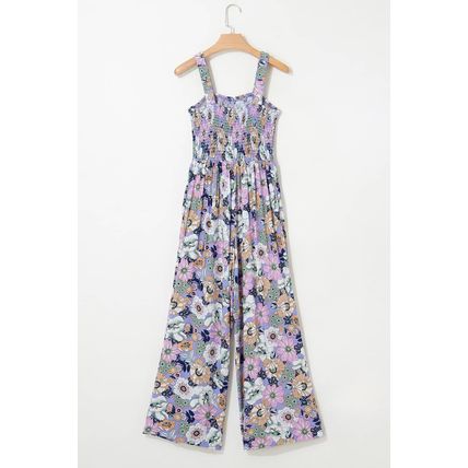 Purple Floral Print Smocked High Waist Square Neck Jumpsuit