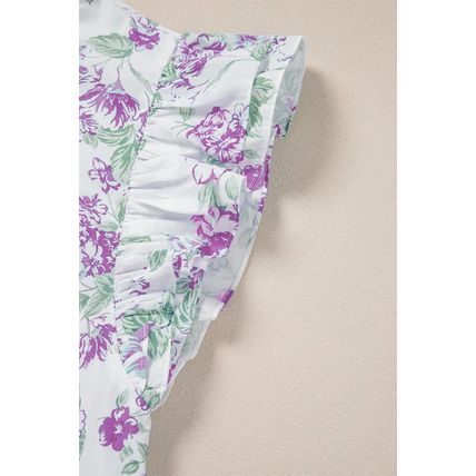 Purple Floral Print Ruffle Sleeve Frilly Button Up Shirt