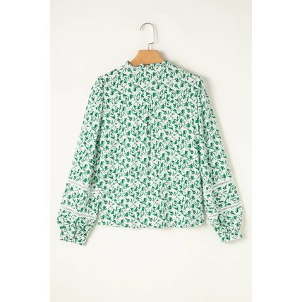 Green Printed Lace Detail Floral Puff Sleeve Fall Shirt