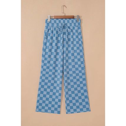 Sky Blue Checkered Elastic High Waist Loose Casual Pants