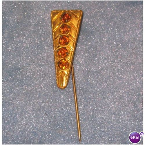 Vintage Gold Tone Amber Rhinestone Stick Hat Pin