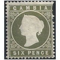 Gambia 1887 SG32d 6d Olive-Green Wmk Crown CA Mounted Mint (Pulled Perfs) . ..