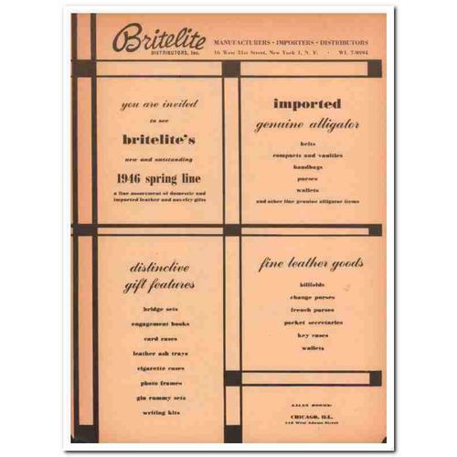 britelite distributors inc 1946 alligator leather goods vintage ad