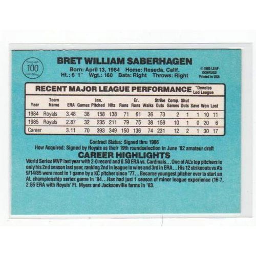 1986 Donruss Bret Saberhagen baseball card #100 – Royals