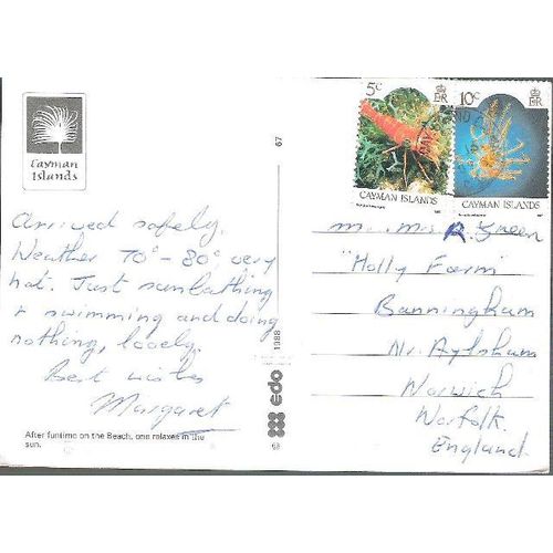 Cayman Islands - unidentified beach - postcard, stamps c.1980s