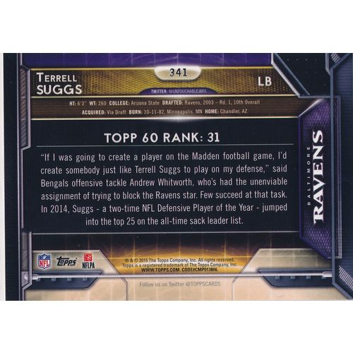 2015 Topps Football 341 Terrell Suggs T60 Baltimore Ravens