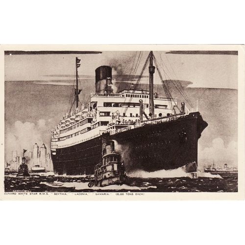 Ship Postcard Cunard White Star RMS Scythia Laconia Samaria New York Tug Boat