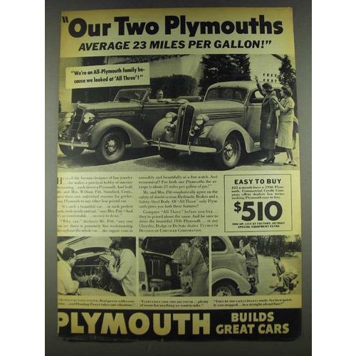 1936 Plymouth Cars Ad - Average 23 Miles Per Gallon