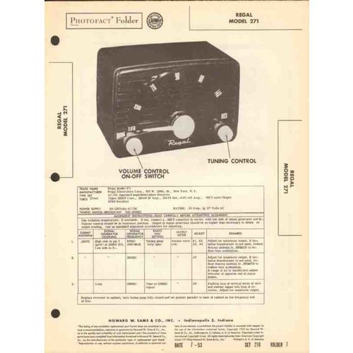 REGAL model 271 5 tube AM radio receiver Sams Photofact manual
