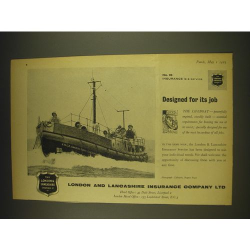 1963 London and Lancashire Insurance Ad - Designed for its job The Lifeboat